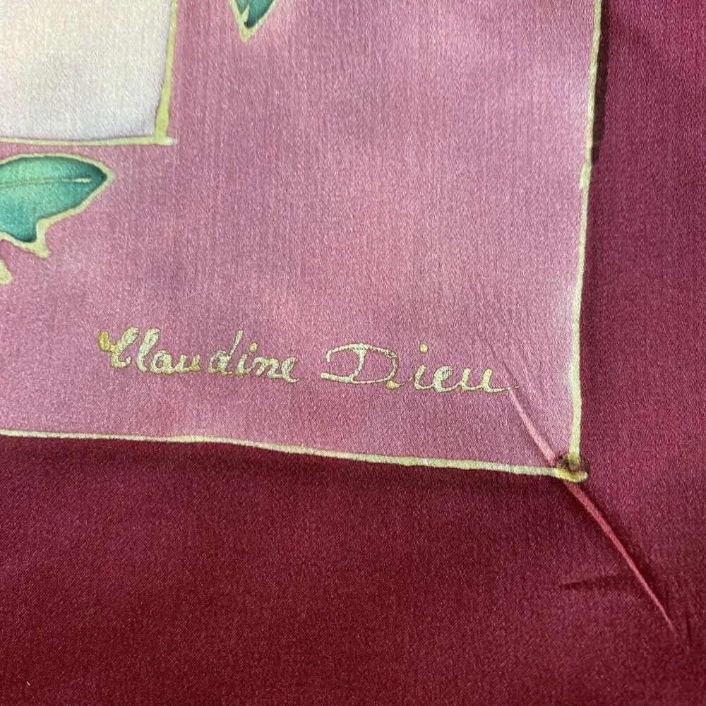 Claudine Dieu hand painted silk scarf 34” square Asian florals pink red yellow